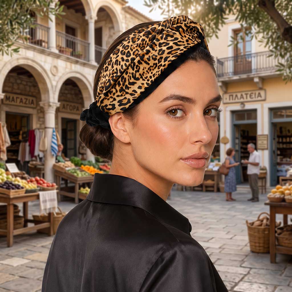 STEPHANIE leopard σατέν μπαντάνα μαλλιών φορεμένη από μοντέλο
