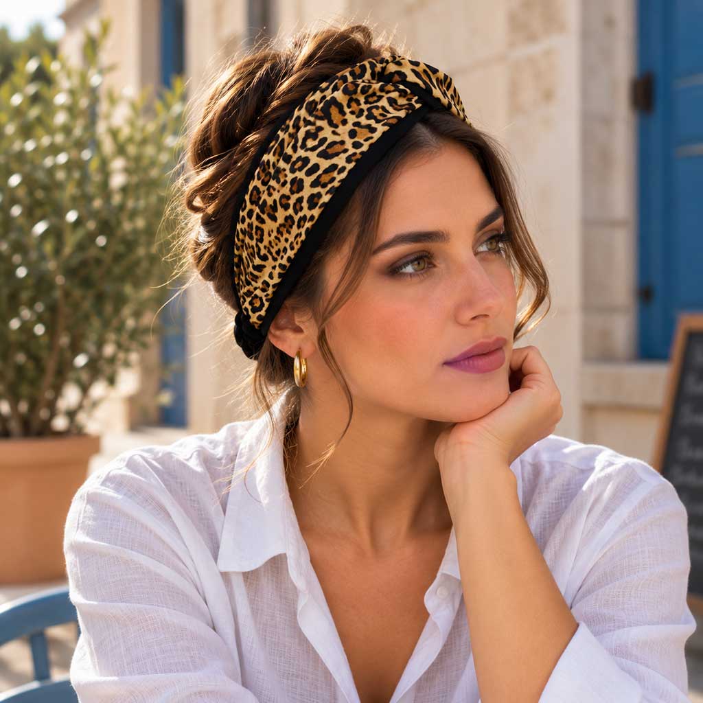 STEPHANIE leopard σατέν μπαντάνα μαλλιών φορεμένη από μοντέλο