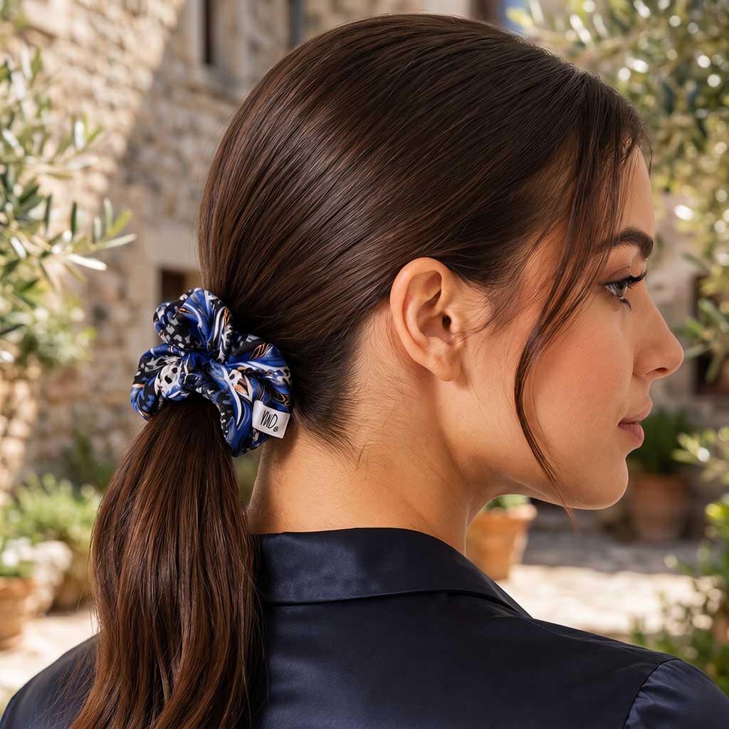 ANELIZ: Χειροποίητο Εμπριμέ λαστιχάκι μαλλιών scrunchie, μπεζ, γκρι