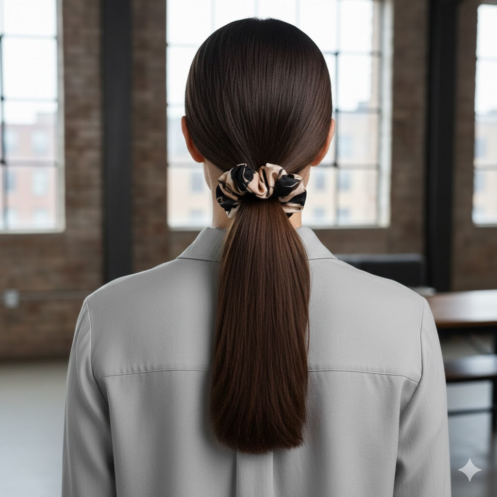 ELDA: Χειροποίητο Εμπριμέ λαστιχάκι μαλλιών scrunchie, mocha, black