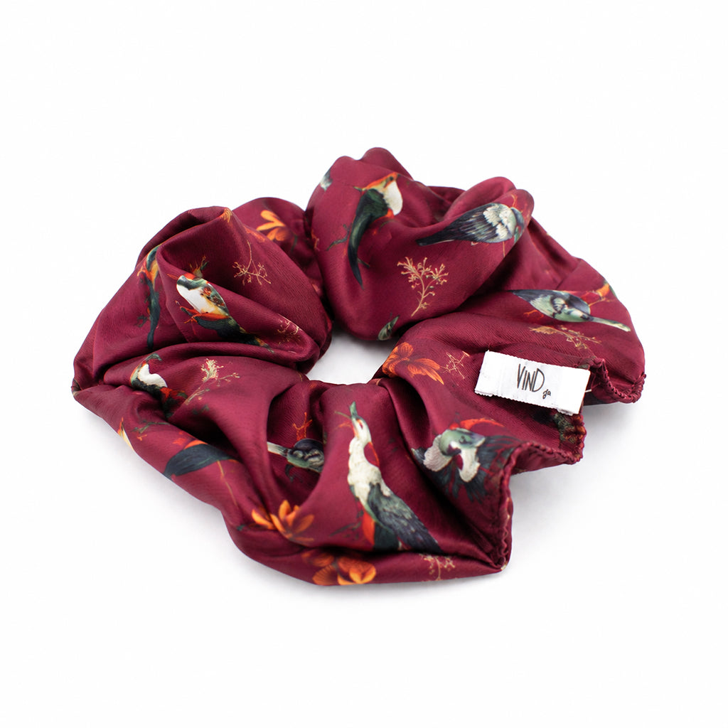 ELVIRE berry navy ochre birds satin scrunchie – VinD.gr