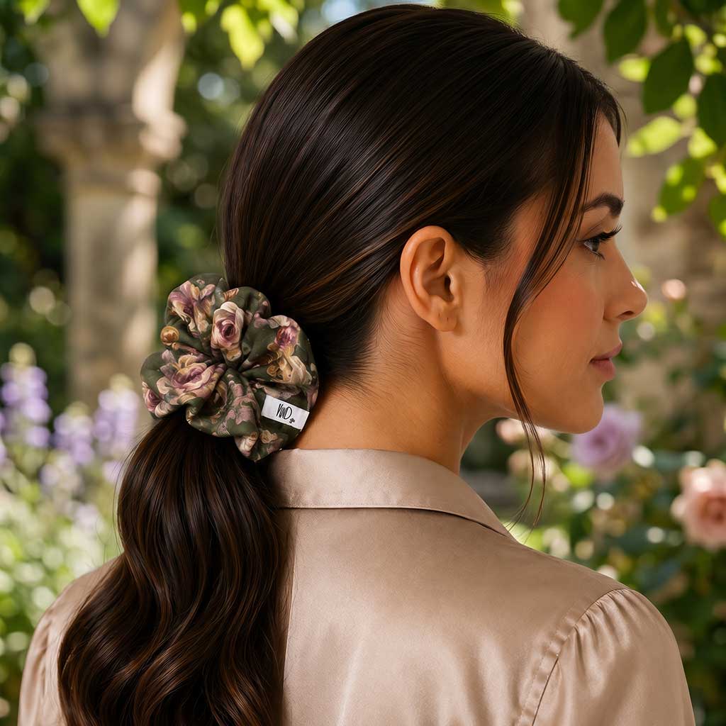 LUCIA satin scrunchie με μεγάλα λουλούδια σε πράσινη βάση φορεμένο στα μαλλιά