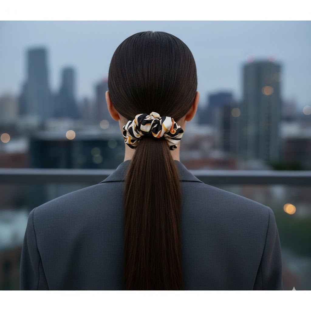 NOBU: Χειροποίητο Εμπριμέ λαστιχάκι μαλλιών scrunchie, mustard, ecru