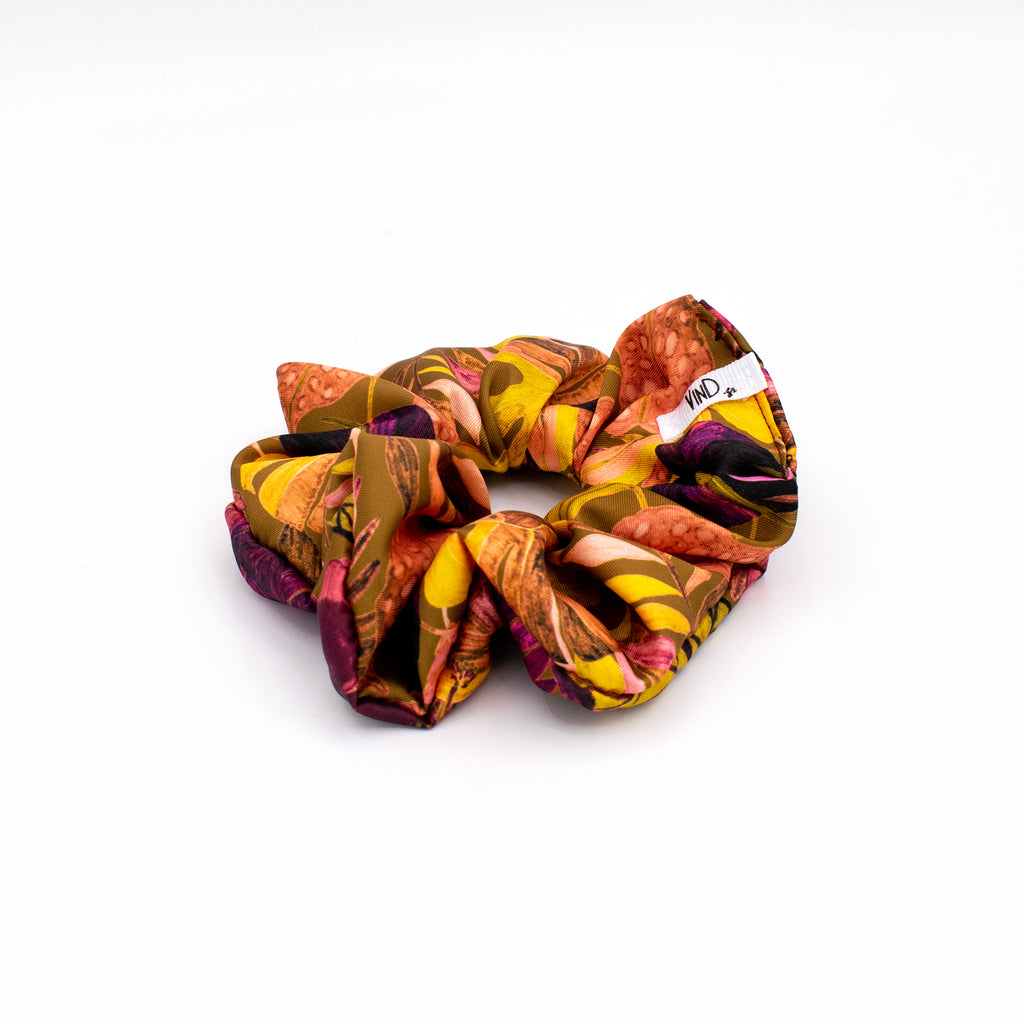 ONDET: Χειροποίητο Εμπριμέ λαστιχάκι μαλλιών scrunchie, λαδί και κόκκινο, μωβ
