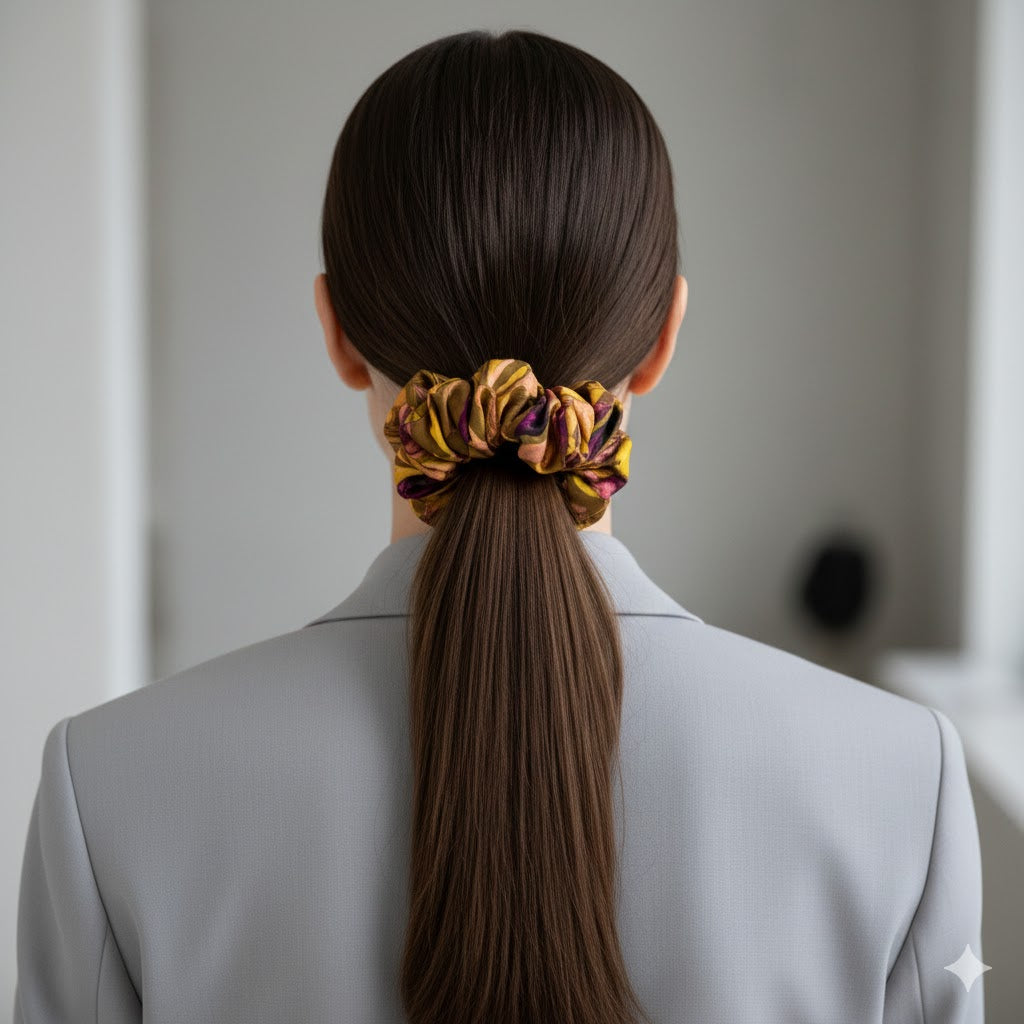 ONDET: Χειροποίητο Εμπριμέ λαστιχάκι μαλλιών scrunchie, λαδί και κόκκινο, μωβ