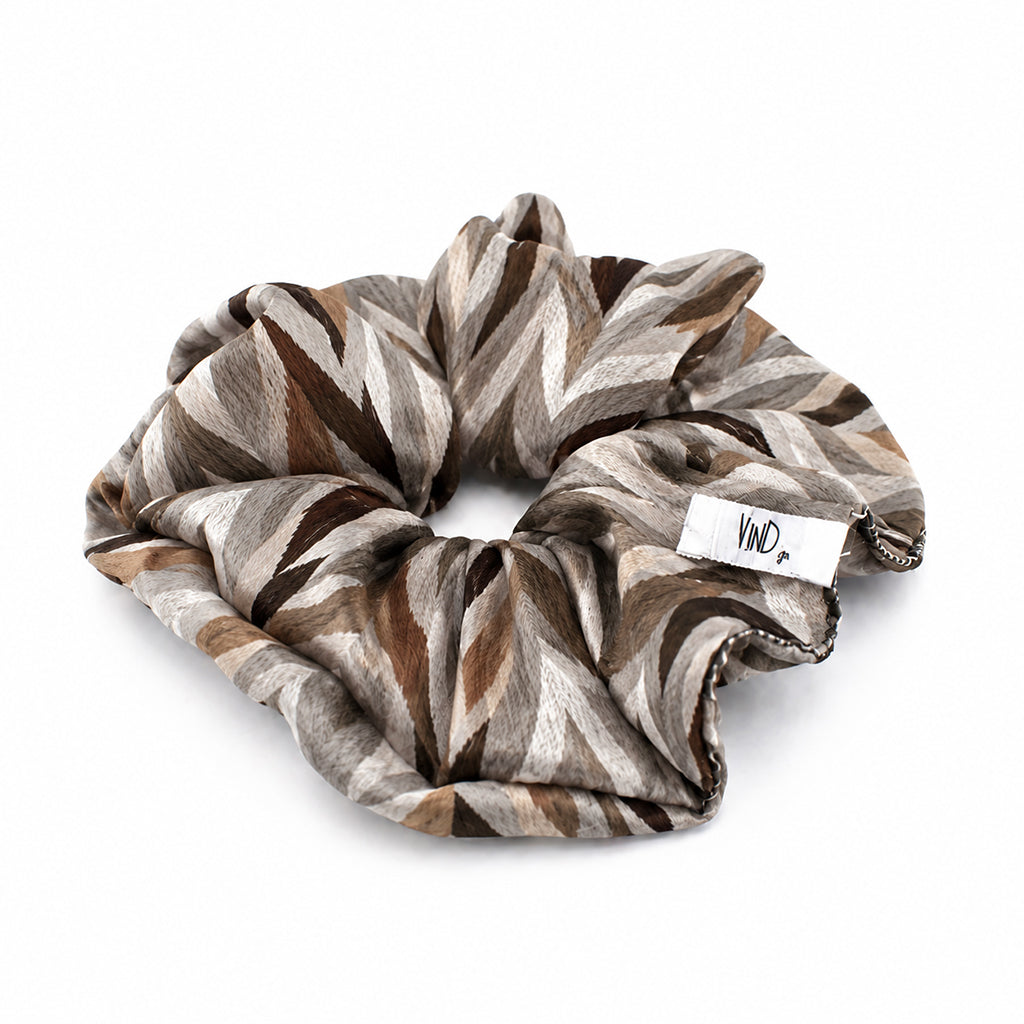 RIHAB: Χειροποίητο Εμπριμέ λαστιχάκι μαλλιών scrunchie, coffee, brown