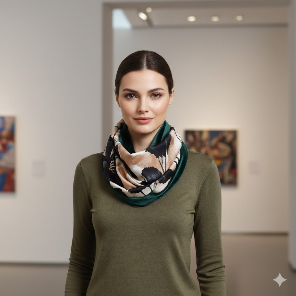 Floral μοτίβο σε μόκα, μαύρο και εκρού του Snood φουλαριού ELDA
