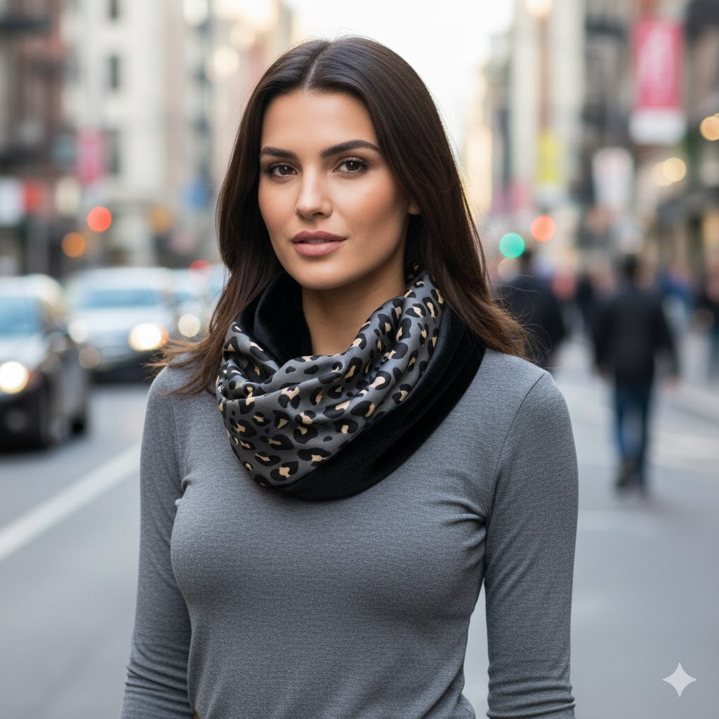 RAHEL GREY ανθρακί Snood φουλάρι από σατέν με animal print