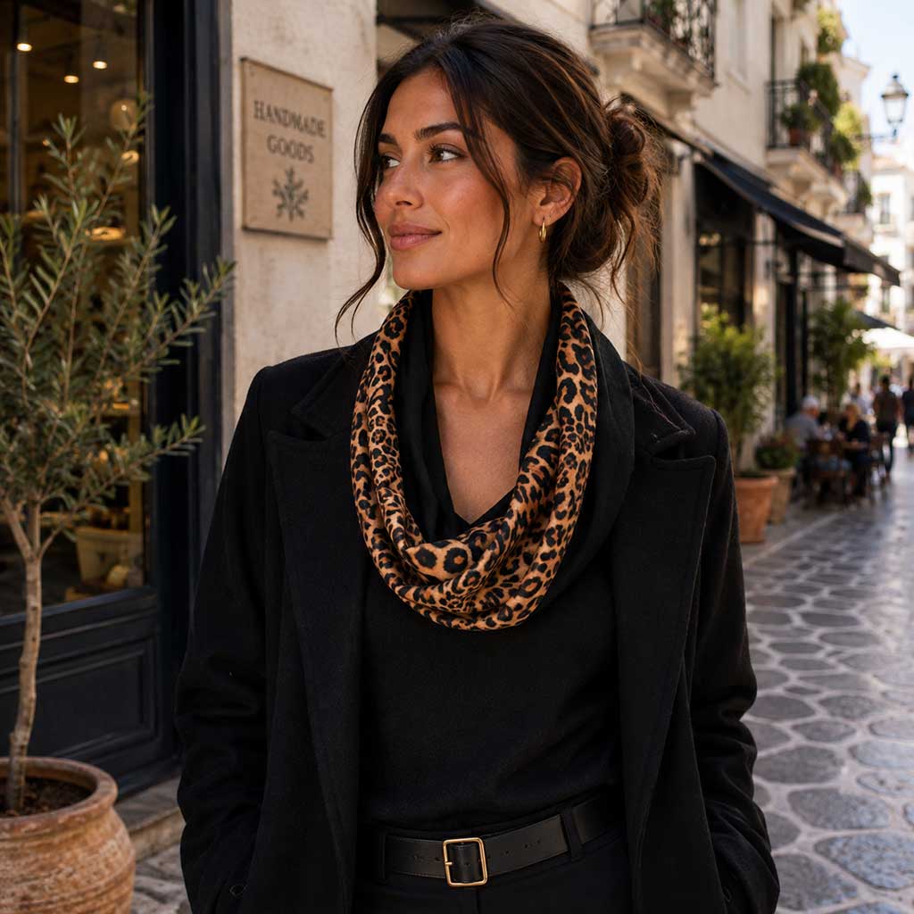 STEPHANIE leopard Snood φουλάρι διπλής όψης από σατέν και βελούδο