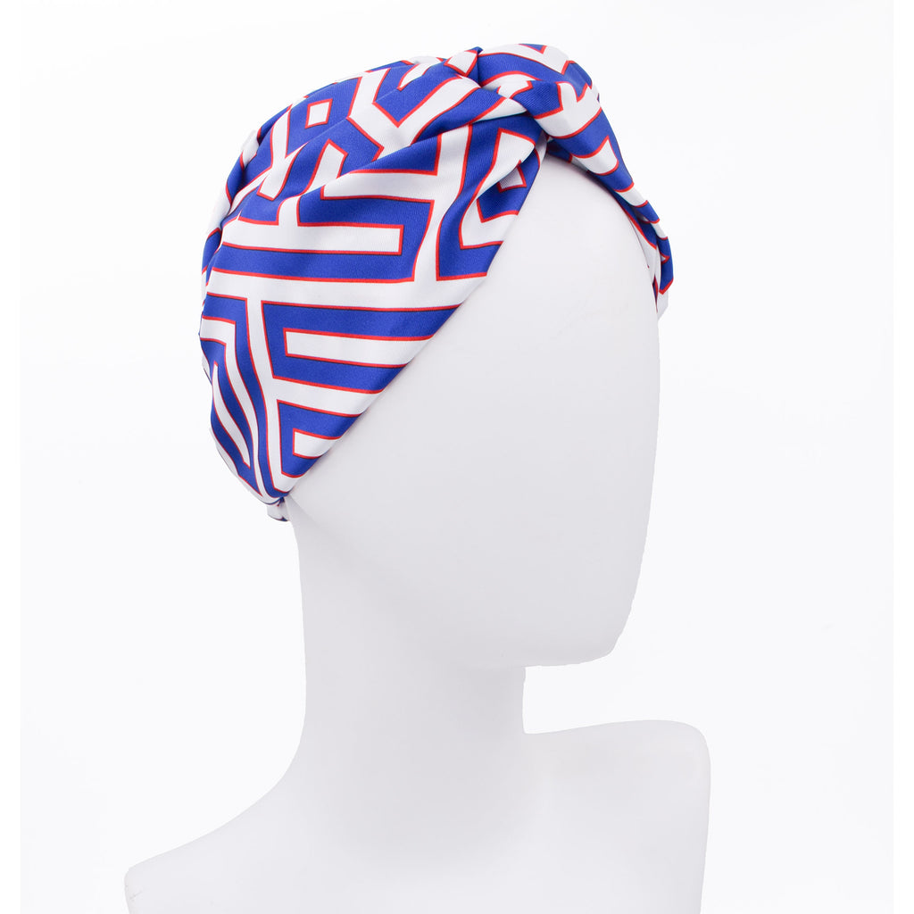 CORA COBALT: Bandana κορδέλα μαλλιών, με maze pattern σε white-royal